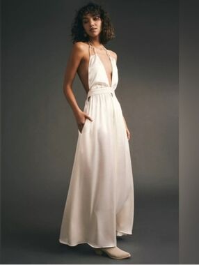 Free People Look Into The Sun Satin  Deep V Halter Backless Gown Ivory Medium